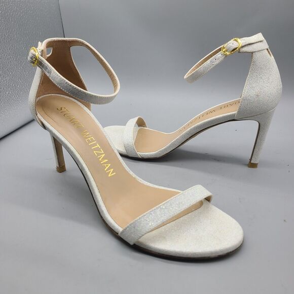 Stuart Weitzman Nudistcurve 100 Sandal Heels Ankle Straps White Glitter Sz 8